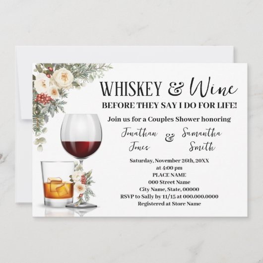 White Winter Floral Whiskey & Wine Couples Shower 招待状 (正面)