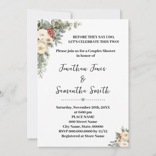 White Winter Flowers Couples Wedding Shower 招待状 (正面)