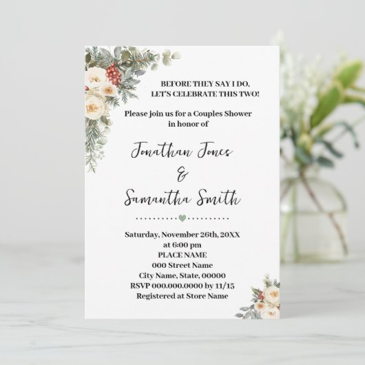 White Winter Flowers Couples Wedding Shower 招待状 (スタンド正面)