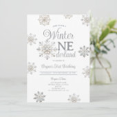 White Winter Onederland Silver Snowflakes Birthday 招待状 (スタンド正面)