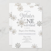 White Winter Onederland Silver Snowflakes Birthday 招待状 (正面/裏面)