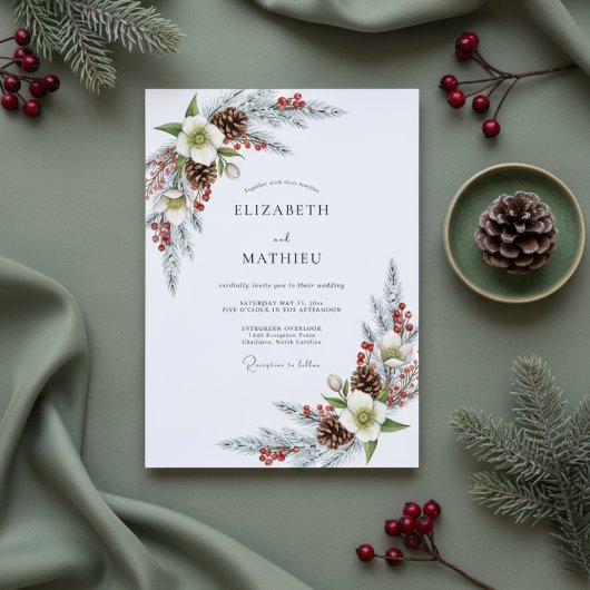White Winter Pine Bloom Wedding 招待状