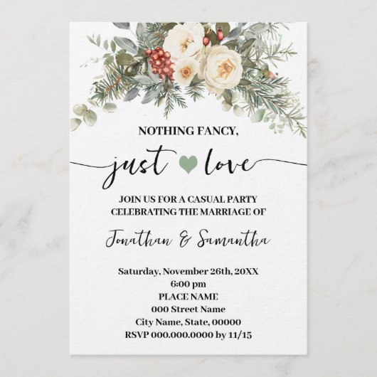 White Winter Wedding Nothing Fancy Just Love  招待状 (正面)