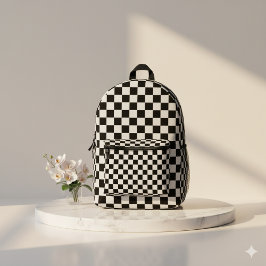 White with Black Square Pattern Style プリントバックパック