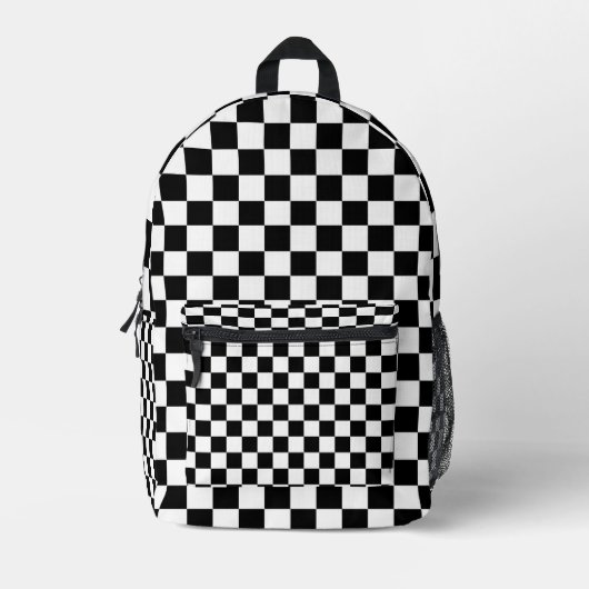 White with Black Square Pattern Style プリントバックパック (正面)