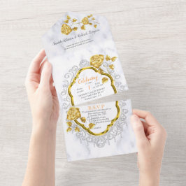 White with Gold lace and Roses オールインワン招待状