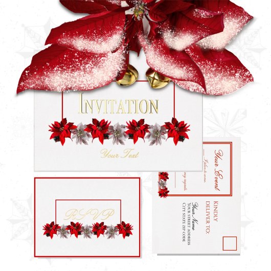 White With Red Poinsettias Response Postcard 箔シーズンポストカード
