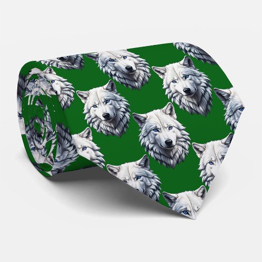 White Wolf Head Pattern Design Green  ネクタイ
