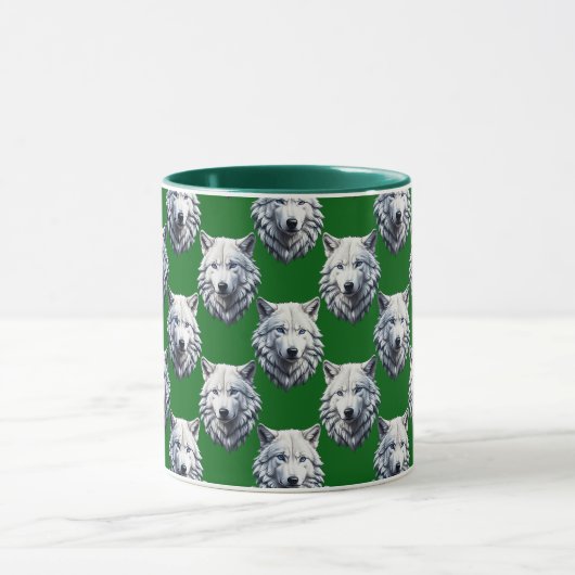 White Wolf Head Pattern Design Green マグカップ (中央)