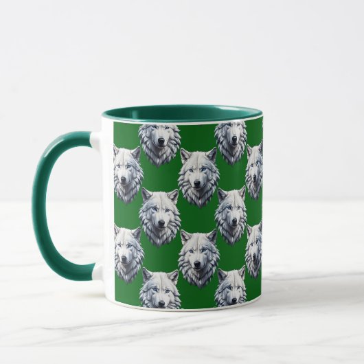 White Wolf Head Pattern Design Green マグカップ (左)