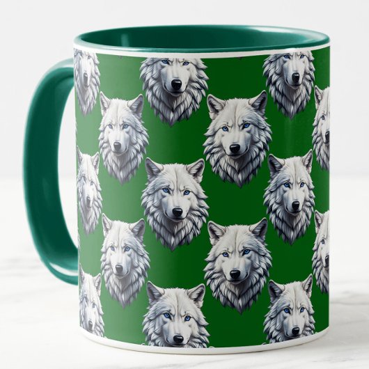 White Wolf Head Pattern Design Green マグカップ