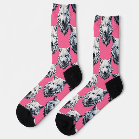 White Wolf Head Pattern Design Pink  ソックス (左)