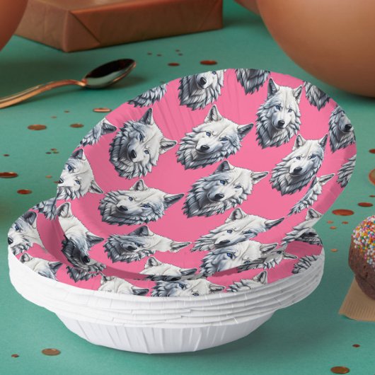 White Wolf Head Pattern Design Pink  ペーパーボウル