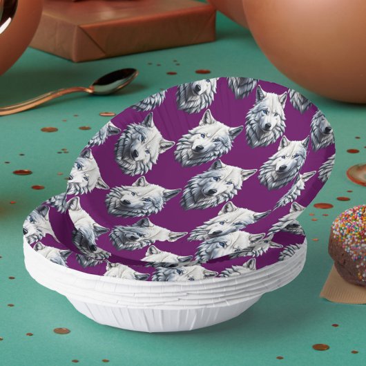 White Wolf Head Pattern Design Purple ペーパーボウル