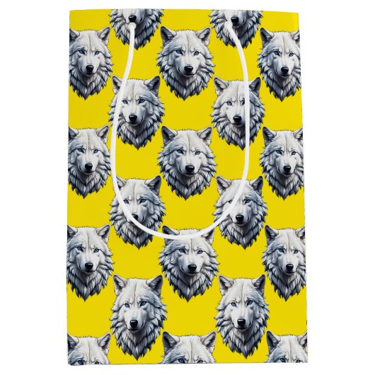 White Wolf Head Pattern Design Yellow  ミディアムペーパーバッグ (正面)
