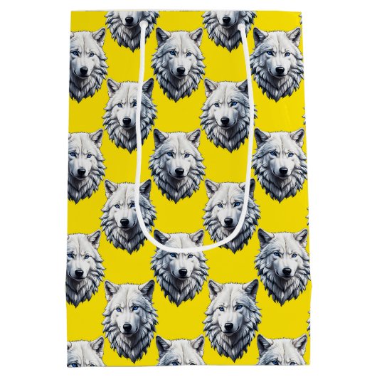 White Wolf Head Pattern Design Yellow  ミディアムペーパーバッグ (裏面)