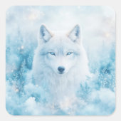White Wolf Portrait with Blue Eyes in Snowy Forest スクエアシール (正面)