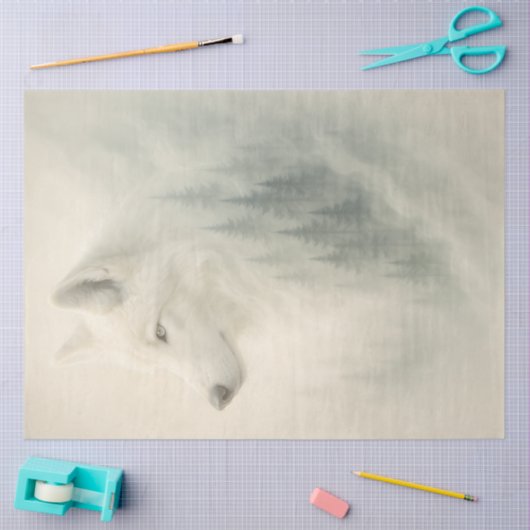 White Wolf Portrait with Forest Overlay Decoupage  薄葉紙 (クラフト)