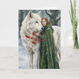 White Wolf Redhead Druid Winter Berries Fantasy Ar カード