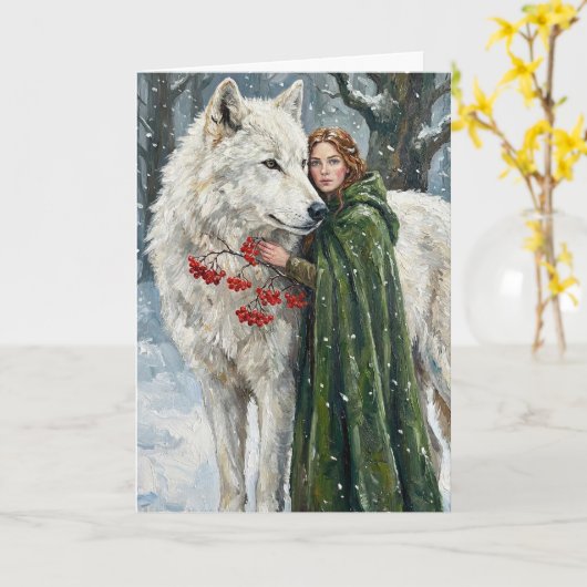 White Wolf Redhead Druid Winter Berries Fantasy Ar カード (黄色い花)