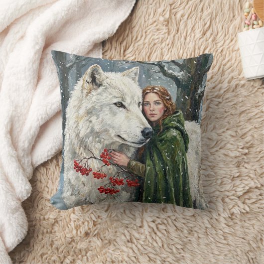 White Wolf Redhead Druid Winter Berries Fantasy Ar クッション (ブランケット)