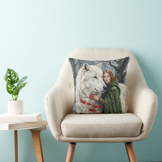 White Wolf Redhead Druid Winter Berries Fantasy Ar クッション (椅子)