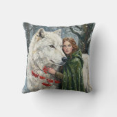 White Wolf Redhead Druid Winter Berries Fantasy Ar クッション (裏面)