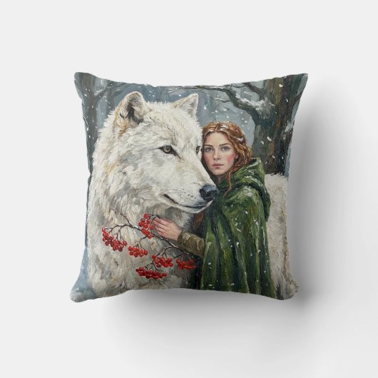 White Wolf Redhead Druid Winter Berries Fantasy Ar クッション (裏面)
