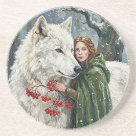 White Wolf Redhead Druid Winter Berries Fantasy Ar コースター