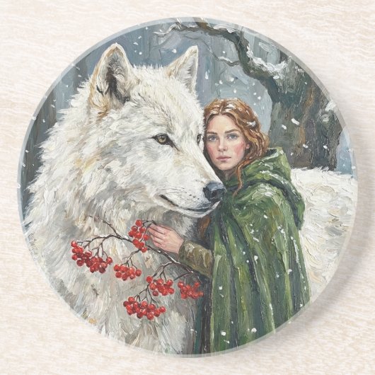 White Wolf Redhead Druid Winter Berries Fantasy Ar コースター (正面)