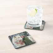 White Wolf Redhead Druid Winter Berries Fantasy Ar コースター (右側)