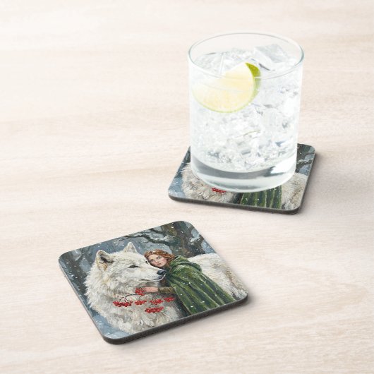 White Wolf Redhead Druid Winter Berries Fantasy Ar コースター (右側)
