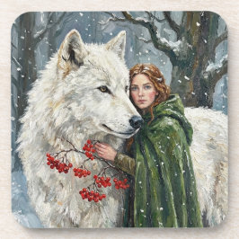 White Wolf Redhead Druid Winter Berries Fantasy Ar コースター