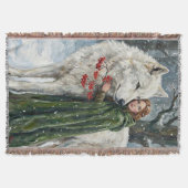 White Wolf Redhead Druid Winter Berries Fantasy Ar スローブランケット (正面)