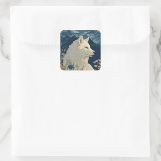 White Wolf with Blue Flowers and Snowy Mountains スクエアシール (バッグ)