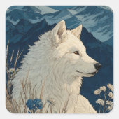 White Wolf with Blue Flowers and Snowy Mountains スクエアシール (正面)