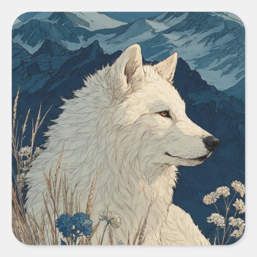 White Wolf with Blue Flowers and Snowy Mountains スクエアシール (正面)