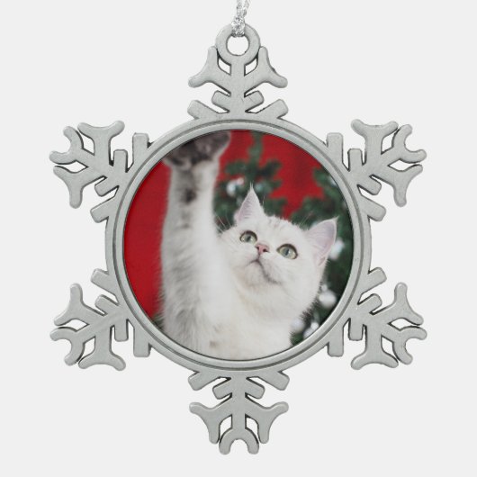 White XMAS Cat スノーフレークピューターオーナメント (正面)