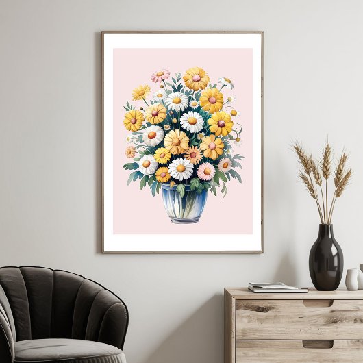 White yellow watercolor daisy bouquet              ポスター