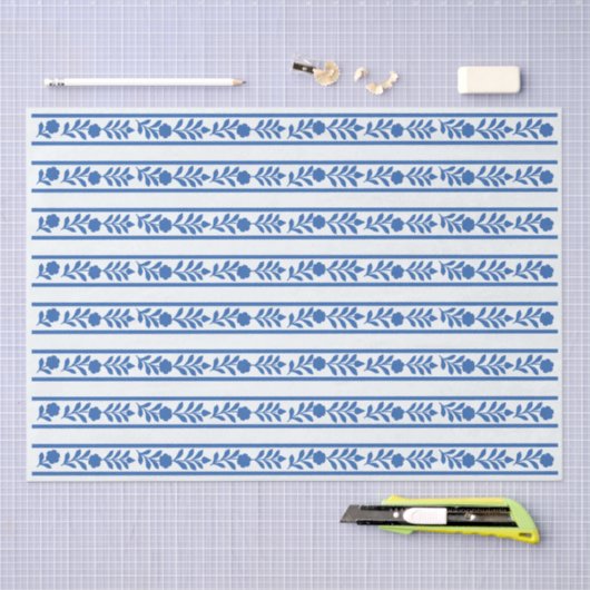 Whiteblue Bone Inlay Floral Border Decoupage Paper 薄葉紙 (クラフト)