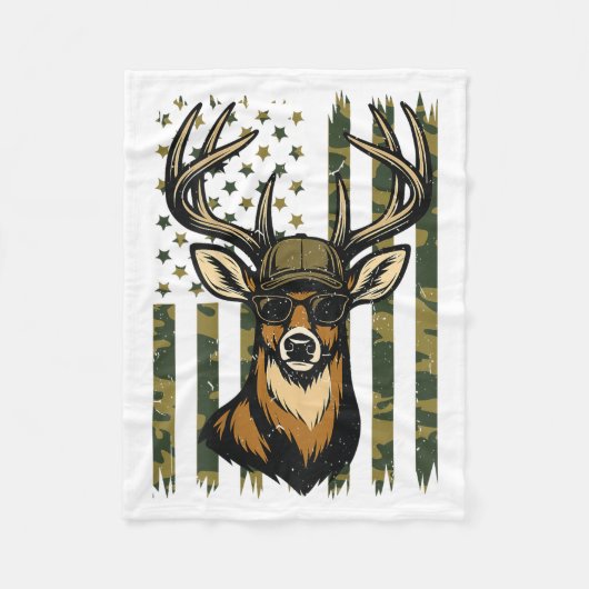 Whitetail Buck Youth Boy Deer Hunting Camo America フリースブランケット (正面)