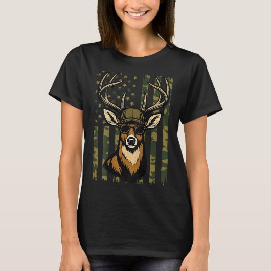 Whitetail Buck Youth Boy Deer Hunting Camo America Tシャツ (正面)