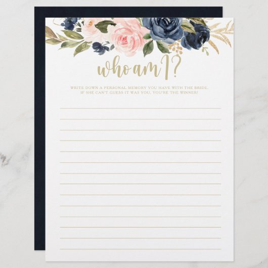 Who Am Iフローラ金ゴールドブライダルシャワーゲーム (正面/裏面)