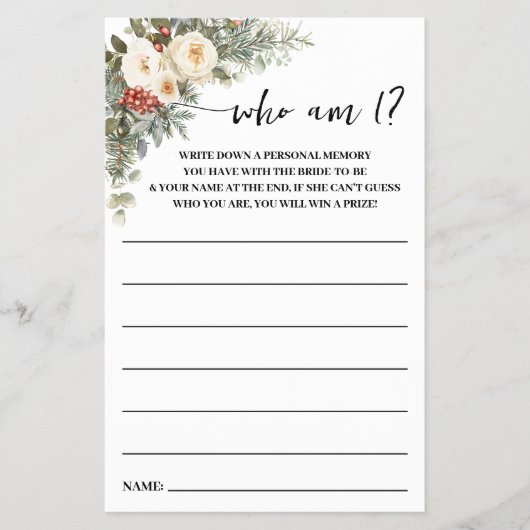 Who am I? Winter Flowers Bridal Shower Game Card チラシ (正面)