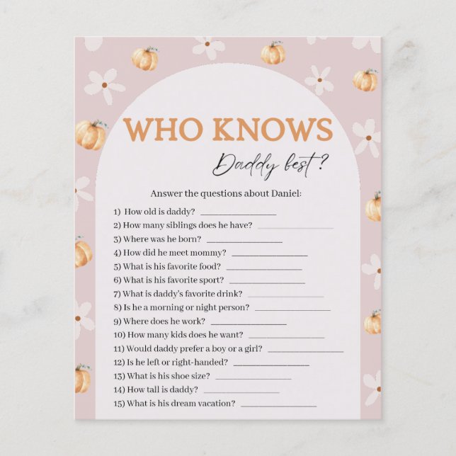 Who Knows Daddy Fall Pumpkin Baby Shower Game Card (正面)