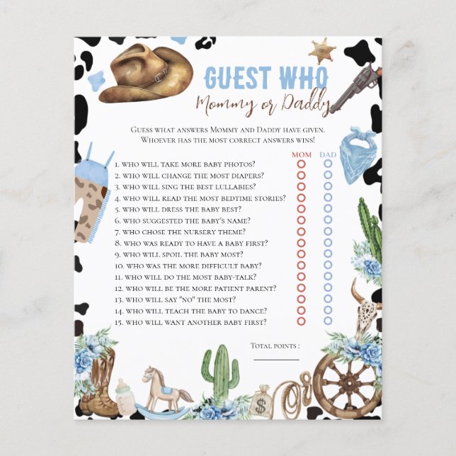 Who Knows Little Cowboy Western Baby Shower Game (正面)