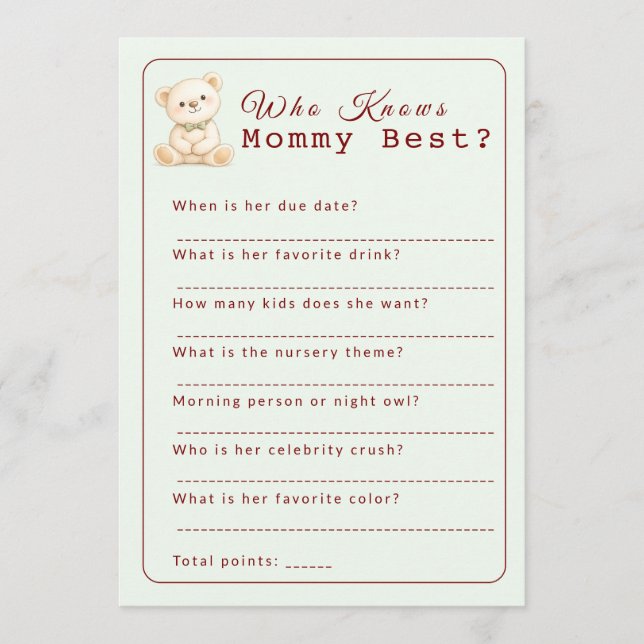 Who Knows Mommy Best Baby Shower Game Card (正面)