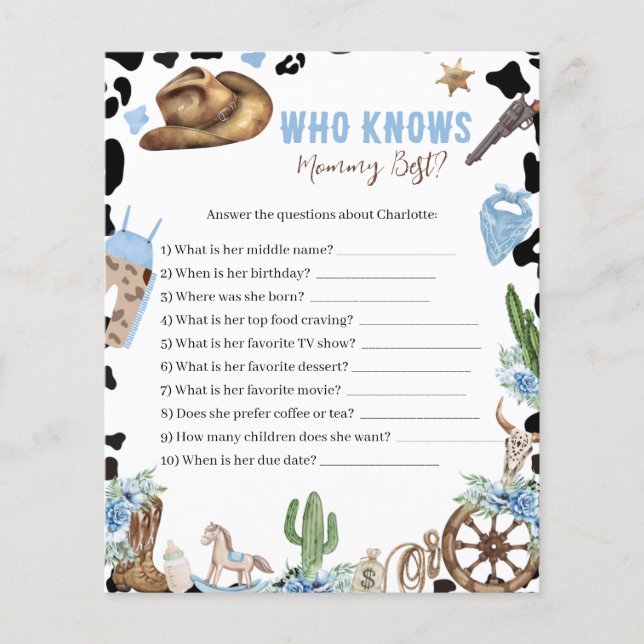 Who Knows Mommy Best Cowboy Baby Shower Game Card (正面)