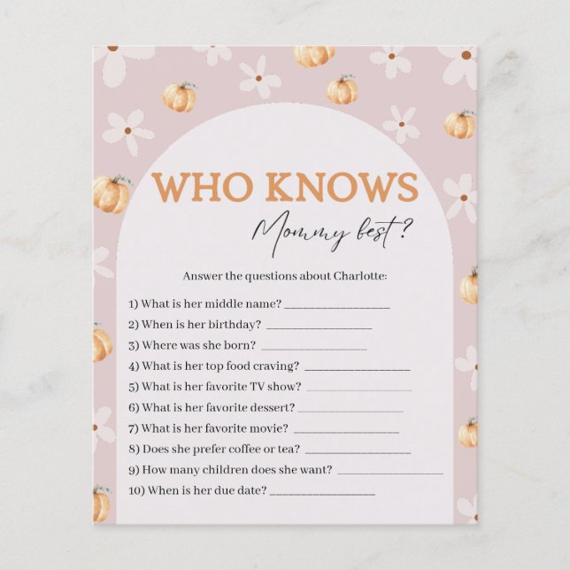 Who Knows Mommy Best Fall Baby Shower Game Card (正面)