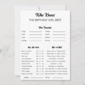 Who Knows The Birthday Girl Best Birthday Game 招待状 (正面)